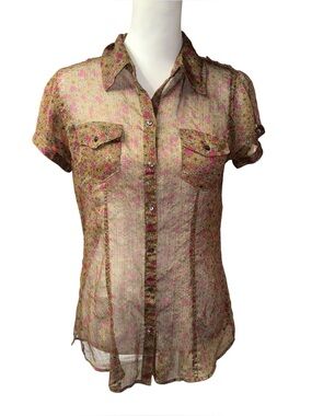 Converse One Star Sheer Floral Button Front Short Sleeve Shirt Top Medium